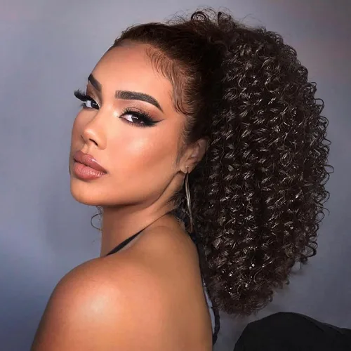 Miniatura 11 de Vigorous Extensión de Cola de Caballo con Cordón de 14 Pulgadas Afro Rizada Corta y Crespa para Mujeres Africanas Colas de Caballo Esponjosas