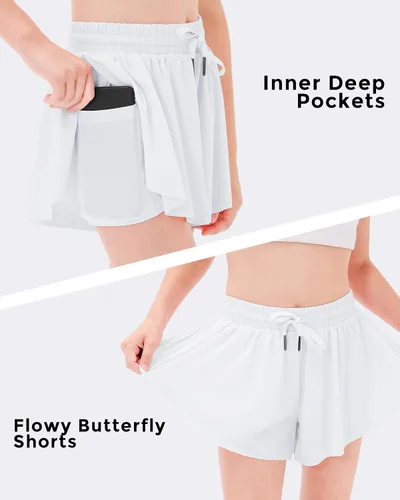 Miniatura 4 de Stelle Pantalones cortos fluidos con bolsillos para niñas, falda atlética para correr, cintura alta, mariposa, 2 en 1, pantalones cortos deportivos