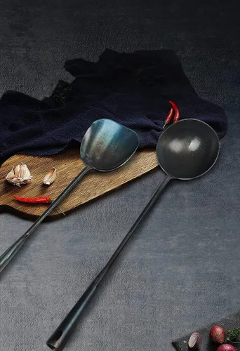 Miniatura 6 de ZhenSanHuan juego de utensilios de wok de hierro hechos a mano tradicionales chinos, espátula y cucharón de wok largo (juego de cucharón y espátula)