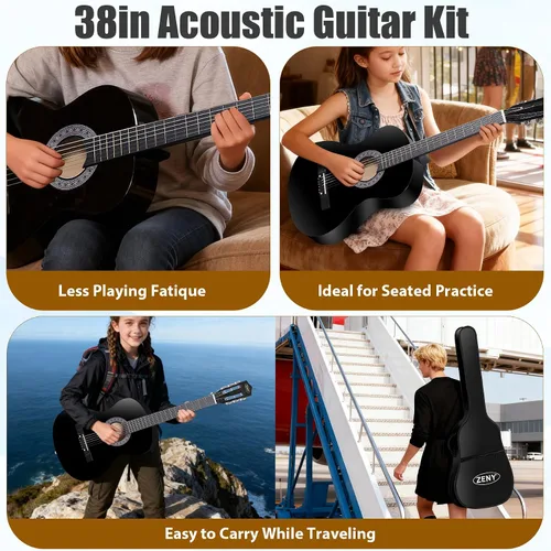 Miniatura 4 de Zeny Nueva Guitarra Acústica de 38 pulgadas para principiantes con funda para guitarra, correa, afinador y púa, Negro