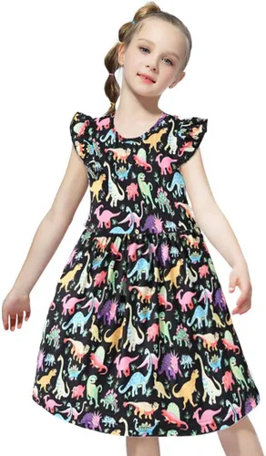 Vestido sin mangas de verano para niños y niñas, estampado de dinosaurio, línea A, vestido de fiesta en la playa, casual, para uso diario, Azul