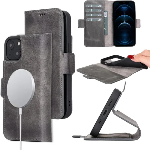 Miniatura 12 de Bayelon Funda para iPhone 13 Pro Max, funda de piel de grano completo, funda magnética con ranuras para tarjetas, función atril (bronceado rústico)