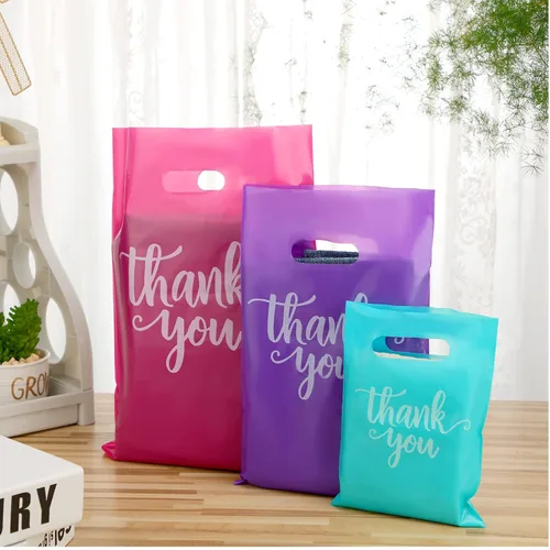 Miniatura 4 de Eersida 200 piezas de bolsas de plástico con asas para agradecimiento, bolsas de compras troqueladas a granel de 3 tamaños, paquete de compras al