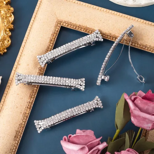 Miniatura 3 de Pinzas para el cabello con diamantes de imitación, 4 unidades, pinzas para el cabello de cristal brillante, color plateado, pequeñas pinzas