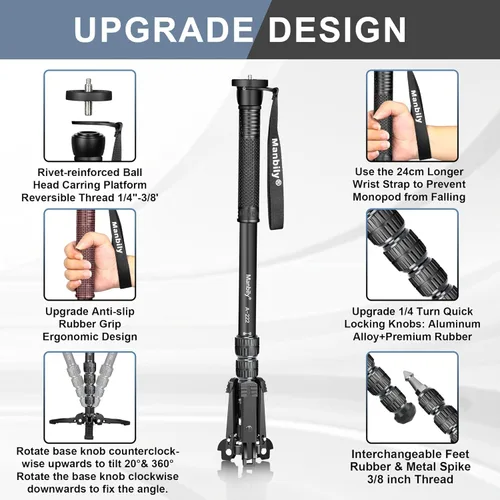 Miniatura 3 de Manbily Monopods for Cameras with Feet, 5 Sections, 67'', Max Load 15.43lb, Camera Monopod Extendable Portable Travel Aluminum for DSLR Canon Nikon