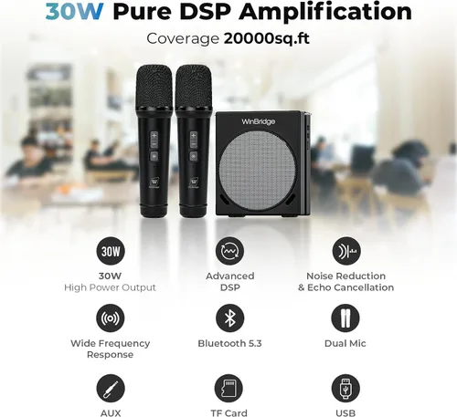 Miniatura 2 de WinBridge S90 - Micrófono portátil y sistema de micrófono Bluetooth con altavoz, amplificador de voz de 30 W, sistema PA con 2 micrófonos