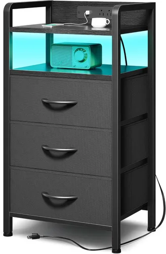 Miniatura 20 de Lazzanto Mesita de noche para dormitorio, mesita de noche con estación de carga y tira de luz LED, mesita de noche con estante de almacenamiento y 2