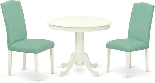 Miniatura 21 de East West Furniture ANEN3-LWH-06 - Juego de mesa de cocina de 3 piezas contiene una mesa de comedor redonda con pedestal y 2 sillas de comedor