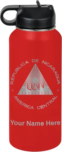 Miniatura 31 de LaserGram Botella de agua personalizada, bandera de Nicaragua, acero inoxidable de doble pared aislada al vacío con popote superior, regalo grabado