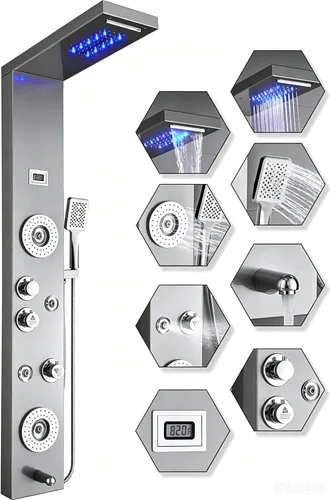 Sistema de panel de ducha de acero inoxidable tipo torre de Ello&Allo, cabezal de LED, modo cascada o lluvia; sistema de hidromasaje con chorros de