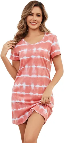 Miniatura 3 de Inadays Camisón de algodón para mujer, ropa de dormir de manga corta, camisón casual con estampado, pijama holgado y cómodo