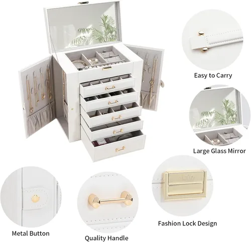 Miniatura 2 de V-LAFUY Joyero grande para mujer, organizador y almacenamiento de joyas, caja de joyería grande con espejo, color blanco