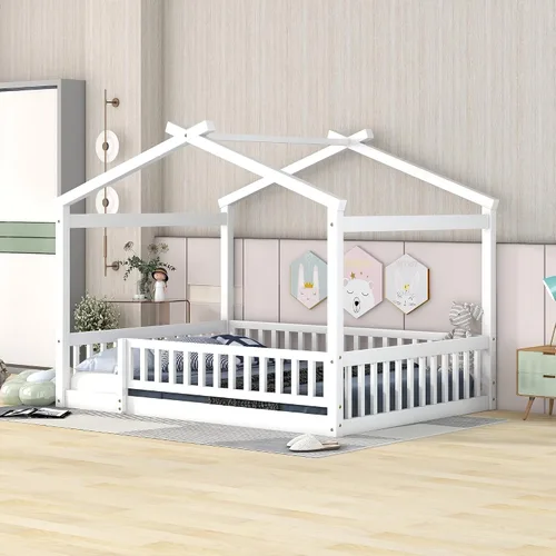 Miniatura 10 de MERITLINE Cama individual Montessori para niños, marco de cama individual Montessori con rieles y techo, no necesita somier, para niños, Gris