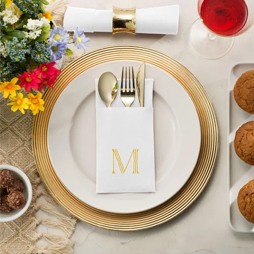Miniatura 7 de Paquete de 50 servilletas con monograma con bolsillo para cubiertos, 16 x 16 pulgadas, servilletas desechables de lino con letra B, servilletas