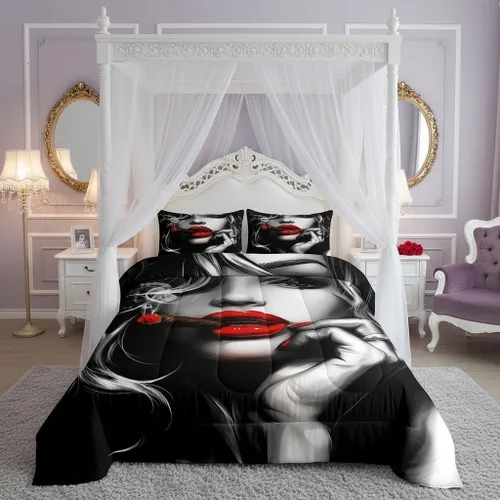 Castle Fairy Rose Lipstick Bedding Set Elegant Quilted Comforter Set Twin Size,Women Cosmetic Duvet Insert with 1 Pillow Sham for Kids Boys Girls