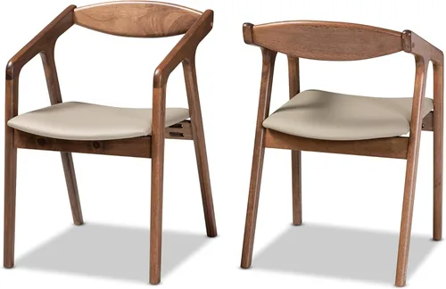 Miniatura 10 de Baxton Studio Harland - Juego de comedor de 7 piezas, tapizado de piel sintética gris y acabado marrón nogal, juego de comedor de 7 piezas