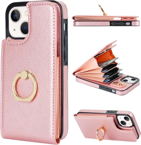 Miniatura 12 de Folosu Funda compatible con iPhone 13 Mini con soporte para tarjetas, rotación de 360°, soporte de anillo de dedo con función atril, protección Azul