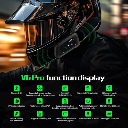 Miniatura 2 de EJEAS Casco de motocicleta Bluetooth V6 Pro, 2 vías 1200M sistema de comunicación de intercomunicación de motocicleta para esquí/ATV/Dirt