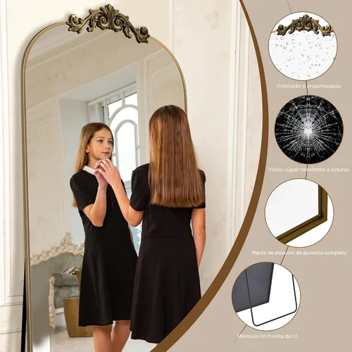 Miniatura 4 de Antok - Espejo de cuerpo completo arqueado, 65"x24" de piso con tallado, espejos de cuerpo completo para decoración del hogar, espejo de pared Bronce
