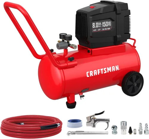 CRAFTSMAN Compresor de aire 8 galones sin aceite 1.8 HP Max 150 PSI tanque horizontal con 10 accesorios