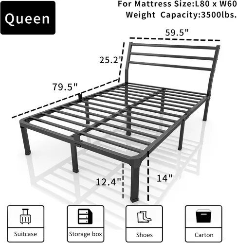 Miniatura 2 de ROIL Base de cama de tamaño individual de 14 pulgadas con tapón deslizante para colchón, plataforma de metal con listones de acero antichirridos