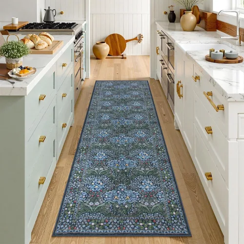 Miniatura 42 de Lahome Tapete floral lavable, suave, para entrada y cocina, 2 x 3 pies, antideslizante, bohemio, ultradelgado, fácil de limpiar, para interior, Azul