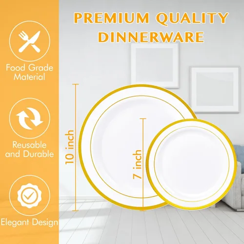 Miniatura 5 de JollyPack 100 platos desechables de plástico dorado para fiesta, incluyendo 50 platos llanos de 10 pulgadas y 50 7 pulgadas para postre, ideal