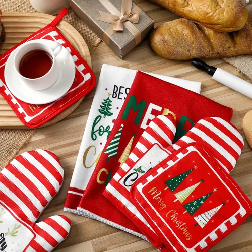 Miniatura 6 de Bencailor Juego de 6 Piezas Toallas de Cocina Navideñas Manoplas de Horno y Soportes para Ollas Tema Navideño Toallas de Platos Guantes de Horno