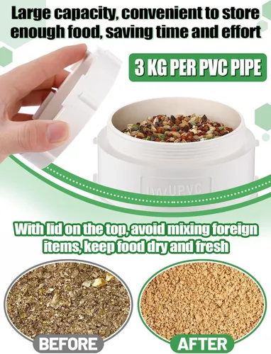Miniatura 5 de Juego de 2 Comederos Automáticos para Pollos Sin Desperdicio - 13 Libras de Gran Capacidad, Tubo de PVC Resistente, Comedero Colgante para Pollos