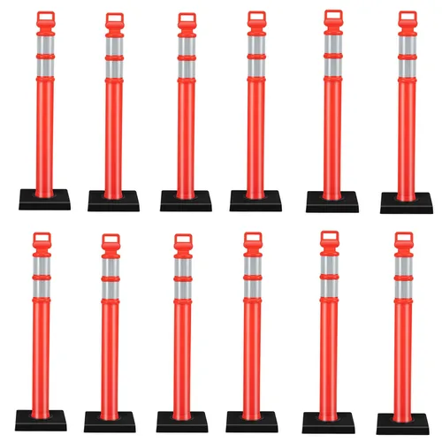 Miniatura 10 de Goplus Poste delineador con base, paquete de 3 postes de delineador de tráfico de 45 pulgadas con base de goma pesada de 9 libras, bandas