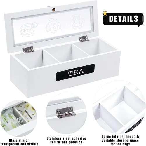 Miniatura 5 de Organizador de bolsas de té, organizador de bolsas de té de madera blanca con 3 compartimentos, organizador de soporte de té, caja de almacenamiento