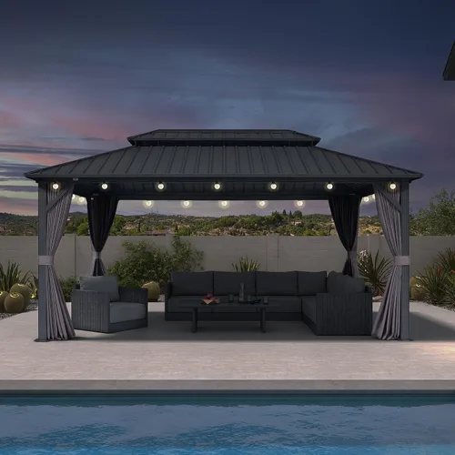 Miniatura 28 de PURPLE LEAF Glorieta de 6' X 8' con techo rígido para parrilla de patio, glorieta de barbacoa de aluminio con toldo, 24 bombillas LED transparentes