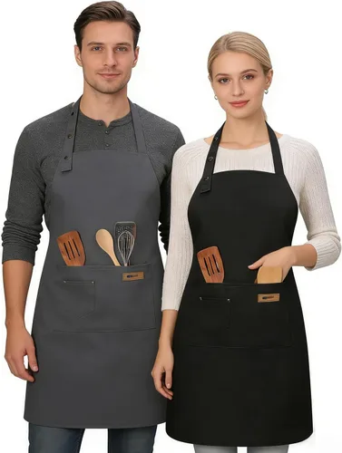 Miniatura 2 de Paquete de 2 delantales de cocina ajustables para mujeres y hombres con bolsillos, delantal de trabajo, parrilla, restaurante