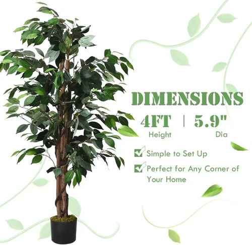 Miniatura 8 de Goplus Árbol de seda artificial de ficus de 4 pies, árbol falso en maceta con hojas verdes y tronco natural, sin mantenimiento, planta sintética