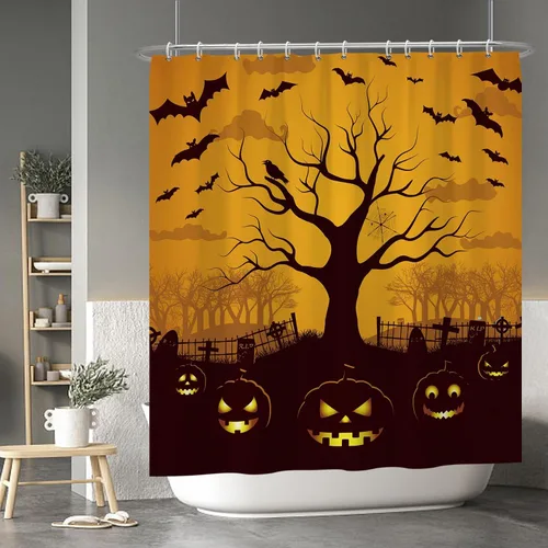 Miniatura 88 de Cortina de ducha de fantasma y gato negro para niños, 36 x 72 pulgadas, espeluznante y bonita, cortina de baño de Halloween con 6 ganchos, cortina