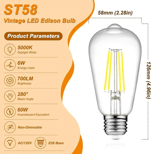 Miniatura 2 de Ascher Bombillas LED Edison vintage, 6 W, equivalente a 60 W, no regulable, luz diurna 5000 K, 700 lúmenes, bombillas de filamento LED antiguas ST58
