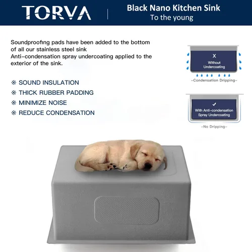 Miniatura 8 de TORVA - Fregadero de cocina de montaje bajo con revestimiento cerámico negro brillante de 25 x 18 pulgadas con NanoTek, fregadero de acero