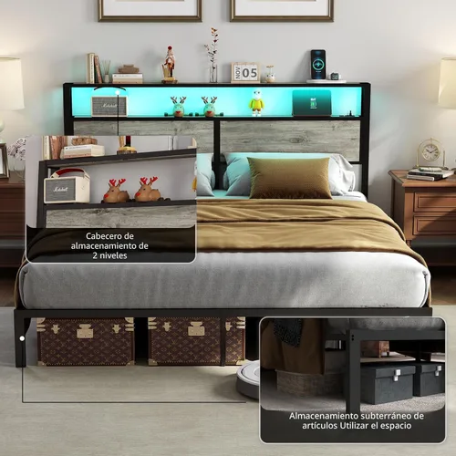Miniatura 6 de Base de cama tamaño King con cabecero, estructura de cama de plataforma metálica con luces LED y estación de carga, almacenamiento debajo de la gris