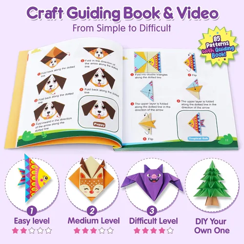Miniatura 4 de Mocoosy Kit de origami de 320 hojas para niños de 5 a 8 y de 9 a 12 años, kit de aviones de papel, juego de papel para doblar de colores con libro