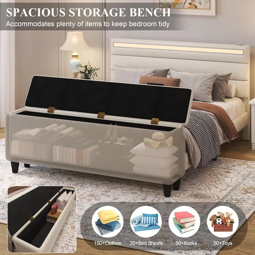 Miniatura 3 de E-Motie Marco de cama tamaño matrimonial con cabecero, cama tapizada con plataforma y otomano con almacenamiento, luces LED y estación de carga