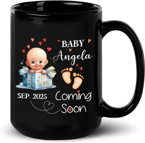 Baby Coming Soon - Taza de café negra de 11 onzas y 15 onzas, taza de café personalizada para papá con nombre, taza de café de cerámica con anuncio