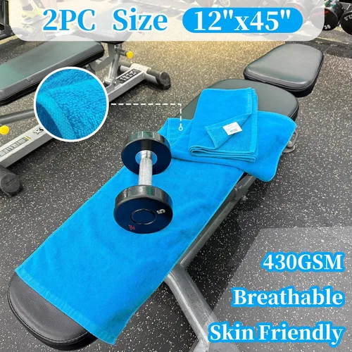 Miniatura 3 de Juego de 2 toallas deportivas de algodón para gimnasio, 12 x 45 pulgadas, absorbentes, transpirables, de 430 GSM, suaves, toalla deportiva para Azul