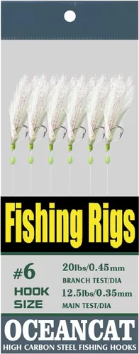 10/20/50/100 paquetes de 3 plumas y piel de pescado, 6 ganchos de aparejos de pesca de agua salada con gancho de cuerda, señuelo de señuelo para cebo