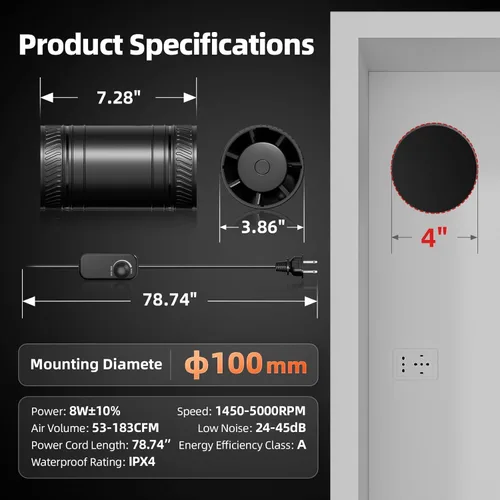 Miniatura 6 de Ventilador de conducto en línea de 4 pulgadas con controlador de velocidad, ventiladores en línea mejorados, ventilador de conducto de escape