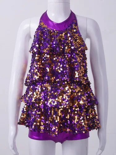 Miniatura 4 de Freebily Vestido de ballet con lentejuelas brillantes para niñas y niñas, cuello halter, falda de leotardo corto de jazz, hip hop, disfraz de danza