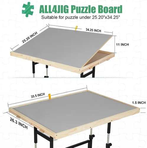 Miniatura 3 de ALL4JIG Mesa de rompecabezas de 1500 piezas con patas, mesa de rompecabezas ajustable de 24.53 x 33.19 pulgadas, tablero de rompecabezas de madera