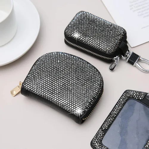 Miniatura 3 de AsAlways RFID Rhinestone titular de la tarjeta de crédito semicírculo multicapa cremallera caso Bling Crystal Slim pequeña cartera para mujeres
