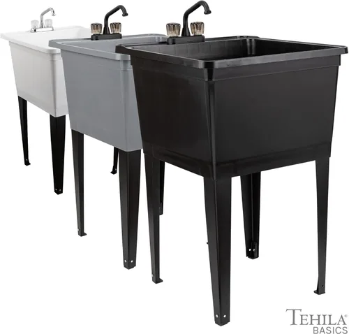 Miniatura 9 de Tehila Basics de JS Jackson Supplies - Fregadero utilitario independiente gris de 21 galones con grifo negro de 2 manijas, bañera de lavandería