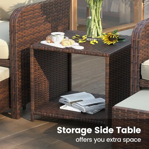 Miniatura 7 de UDPATIO Silla de mimbre para patio con otomana Hiddern para balcón, juego de conversación de patio de 5 piezas con mesa auxiliar para porche