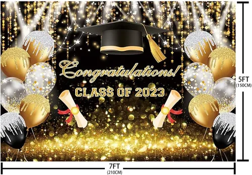 Miniatura 5 de AIBIIN Fondo de globo Bokeh con purpurina de 7 x 5 pies para la clase de 2023, color negro y dorado con purpurina Bokeh, felicitaciones por fiesta